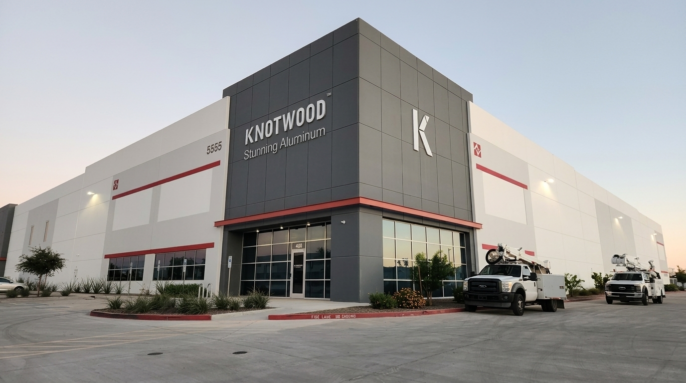 Knotwood building signage with installation trucks outside
